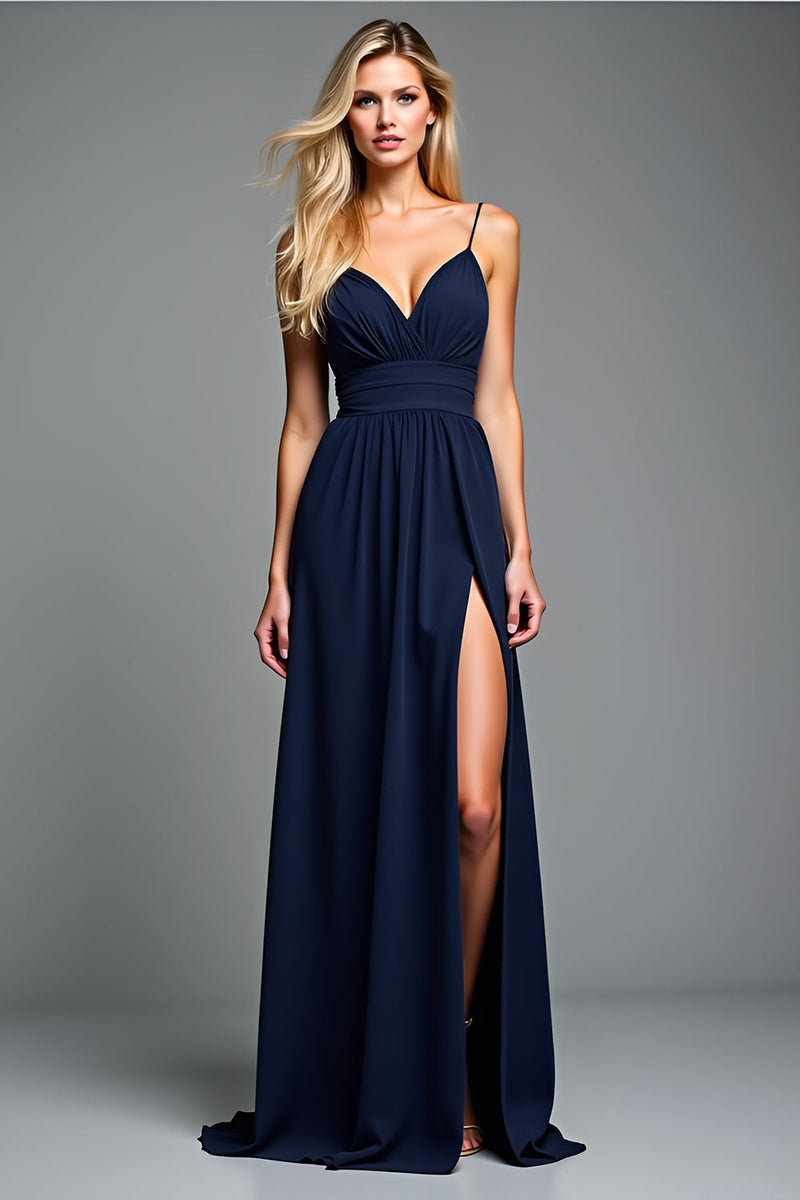 Dark Navy Formal Dress Sleeveless A-Line Spaghetti Straps Stretch Satin Formal Dresses With Split