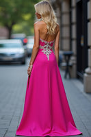 Load image into Gallery viewer, Fuchsia Sheath Appliqued Long Prom Dress with Slit
