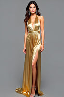 Load image into Gallery viewer, Halter Golden Metallic Long Prom Dress with Slit
