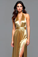 Load image into Gallery viewer, Halter Golden Metallic Long Prom Dress with Slit
