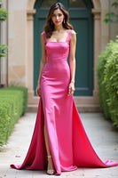 Load image into Gallery viewer, A Line Square Neck Fuchsia Satin Long Prom Dress with Slit