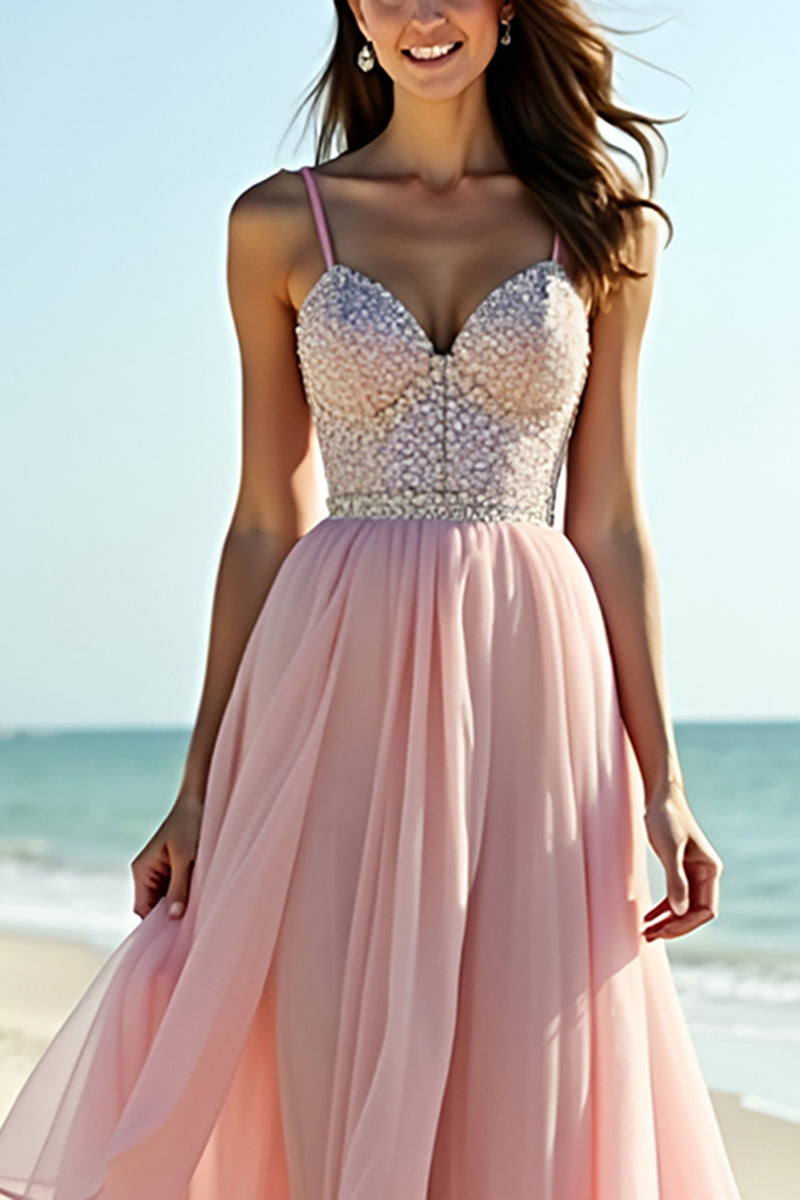 Load image into Gallery viewer, Blush A Line Beaded Long Tulle Wedding Guest Dress