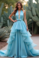 Load image into Gallery viewer, Blue Halter Neck Ball Gown Long Prom Dress with Ruffles