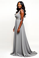 Load image into Gallery viewer, Grey V-Neck Long Chiffon Wedding Guest Dress with Beading