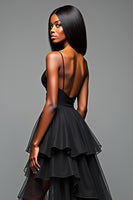 Load image into Gallery viewer, Black A Line Spaghetti Straps Tiered Long Formal Dress with Ruffles
