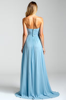 Load image into Gallery viewer, Blue A Line Strapless Keyhole Pleated Chiffon Bridesmaid Dress with Slit