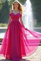 Load image into Gallery viewer, Fuchsia Cold Shoulder A Line Long Tulle Prom Dress