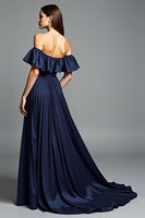 Load image into Gallery viewer, Navy Beaded Off the Shoulder A Line Long Formal Dress