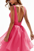 Load image into Gallery viewer, Hot Pink A Line Beaded Tiered Long Prom Dress