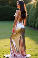 Load image into Gallery viewer, Rose Golden Off the Shoulder Sheath Long Prom Dress with Slit
