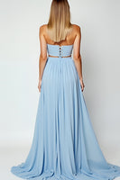 Load image into Gallery viewer, Blue Strapless Cut-Out Long Wedding Guest Dress with Slit