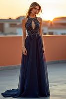 Load image into Gallery viewer, Navy A Line Keyhole Beaded Halter Long Formal Dress