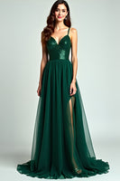 Load image into Gallery viewer, Dark Green A Line Tulle Long Formal Dress with Slit