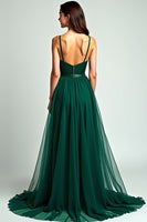 Load image into Gallery viewer, Dark Green A Line Tulle Long Formal Dress with Slit