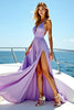 Load image into Gallery viewer, A Line Flowy Lilac Pleated Chiffon Long Bridesmaid Dress with Slit