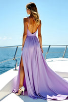 Load image into Gallery viewer, A Line Flowy Lilac Pleated Chiffon Long Bridesmaid Dress with Slit