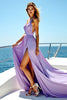 Load image into Gallery viewer, A Line Flowy Lilac Pleated Chiffon Long Bridesmaid Dress with Slit