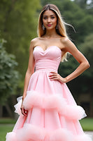 Load image into Gallery viewer, Pink Ball Gown Sweetheart Tiered Long Prom Dress