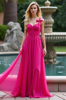 Load image into Gallery viewer, Fuchsia A Line Chiffon Sweetheart Long Prom Dress with Bowknot