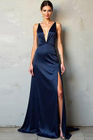 Load image into Gallery viewer, Navy Deep V-Neck Long Satin Formal Dress with Slit