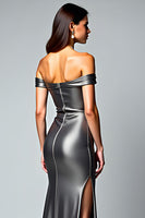 Load image into Gallery viewer, Dark Grey Off the Shoulder Long Formal Dress with Slit