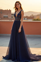 Load image into Gallery viewer, A Line Navy Backless V-Neck Long Formal Dress with Beading