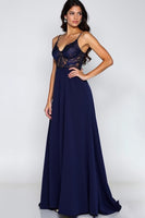 Load image into Gallery viewer, Lace Navy A Line Satin Long Formal Dress with Slit