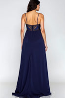 Load image into Gallery viewer, Lace Navy A Line Satin Long Formal Dress with Slit