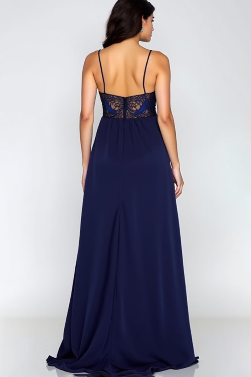 Load image into Gallery viewer, Lace Navy A Line Satin Long Formal Dress with Slit