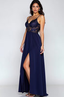 Load image into Gallery viewer, Lace Navy A Line Satin Long Formal Dress with Slit