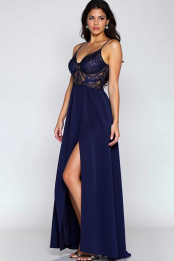 Lace Navy A Line Satin Long Formal Dress with Slit