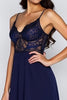 Load image into Gallery viewer, Lace Navy A Line Satin Long Formal Dress with Slit