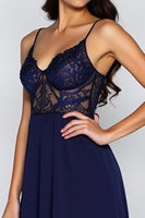 Load image into Gallery viewer, Lace Navy A Line Satin Long Formal Dress with Slit