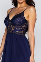 Load image into Gallery viewer, Lace Navy A Line Satin Long Formal Dress with Slit
