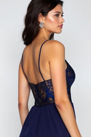 Load image into Gallery viewer, Lace Navy A Line Satin Long Formal Dress with Slit