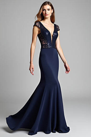 Satin Navy Deep V-Neck Long Formal Dress with Cap Sleeves