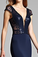 Load image into Gallery viewer, Satin Navy Deep V-Neck Long Formal Dress with Cap Sleeves