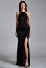 Load image into Gallery viewer, Black Halter Sheath Long Satin Formal Dress with Slit