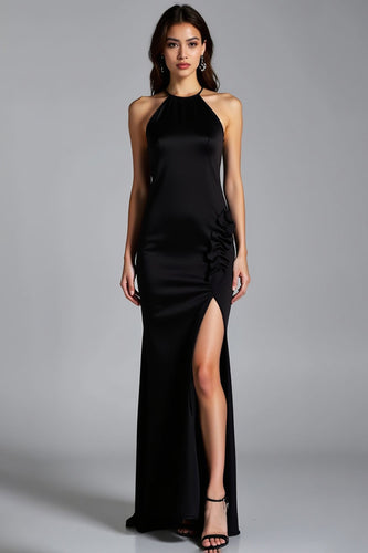 Black Halter Sheath Long Satin Formal Dress with Slit