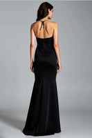 Load image into Gallery viewer, Black Halter Sheath Long Satin Formal Dress with Slit
