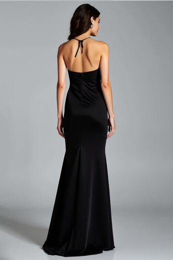 Black Halter Sheath Long Satin Formal Dress with Slit