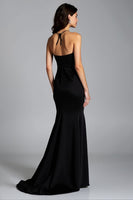 Load image into Gallery viewer, Black Halter Sheath Long Satin Formal Dress with Slit