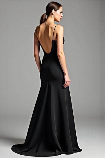Black Spaghetti Straps Backless Long Satin Formal Dress