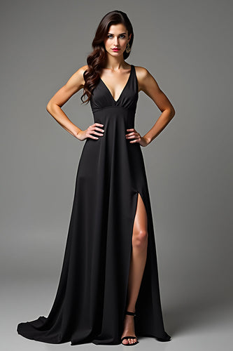 Black A Line V-Neck Long Satin Formal Dress