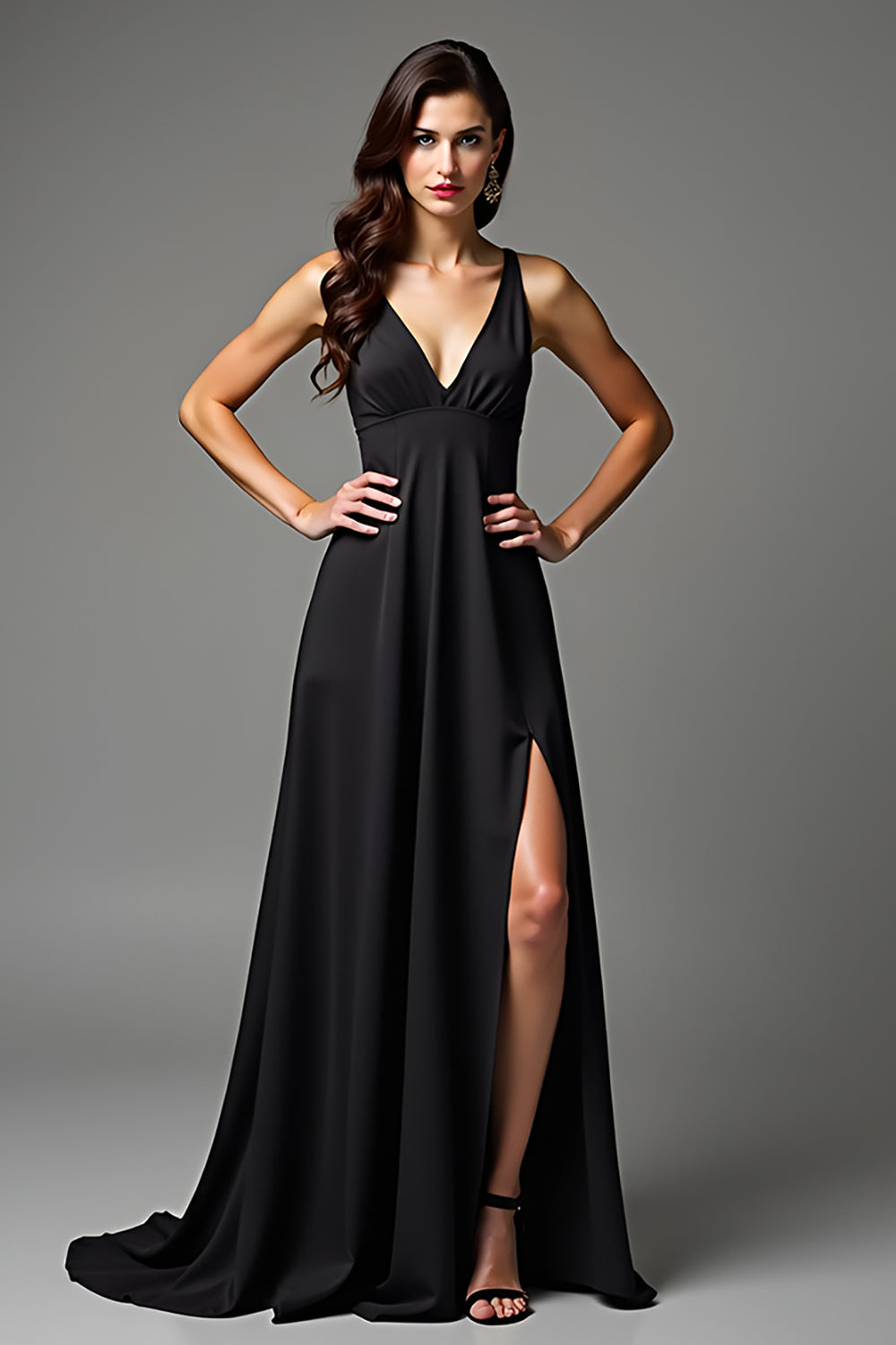 Black A Line V-Neck Long Satin Formal Dress