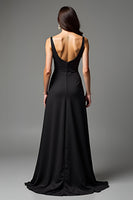Load image into Gallery viewer, Black A Line V-Neck Long Satin Formal Dress