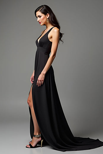 Black A Line V-Neck Long Satin Formal Dress