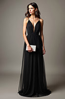 Load image into Gallery viewer, Black Pleated Deep V-Neck Long Tulle Formal Dress