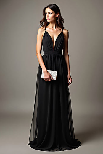 Black Pleated Deep V-Neck Long Tulle Formal Dress