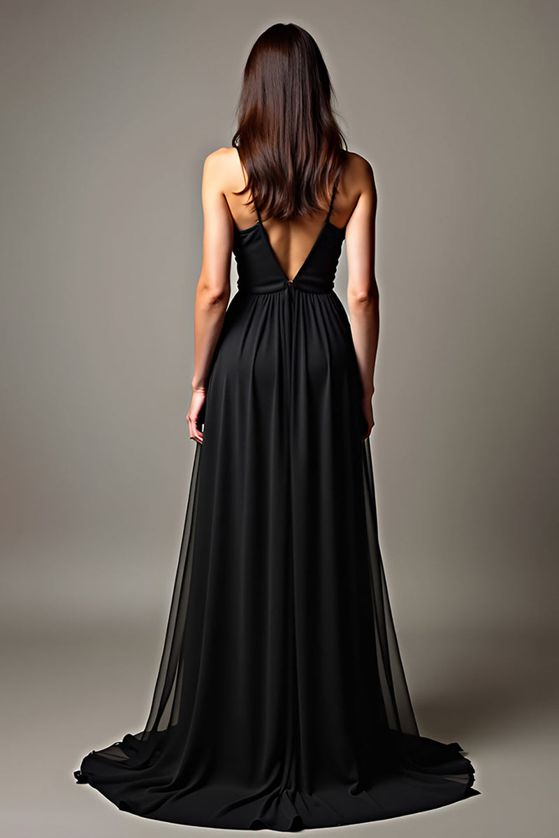 Load image into Gallery viewer, Black Pleated Deep V-Neck Long Tulle Formal Dress